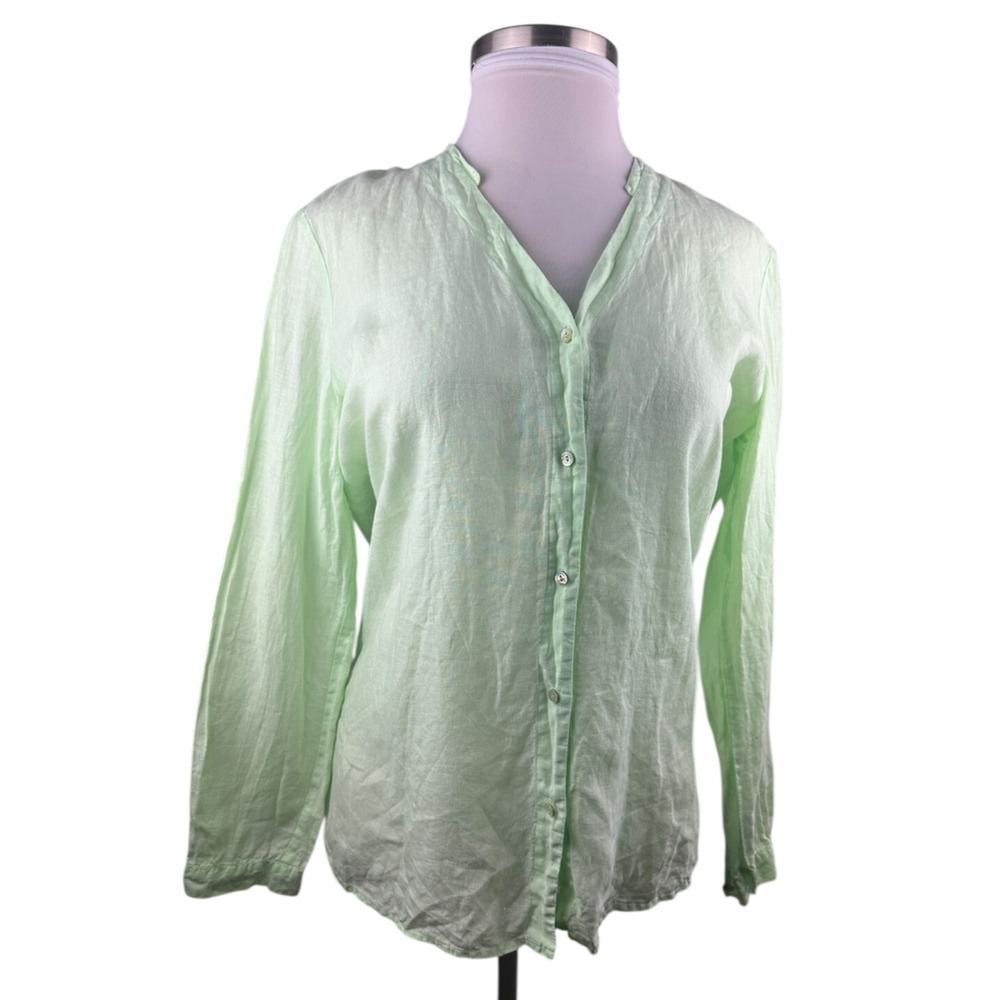 Eileen Fisher 100% Irish Linen Button Front Shirt Green Large Top Coastal Beachy - Picture 13 of 16